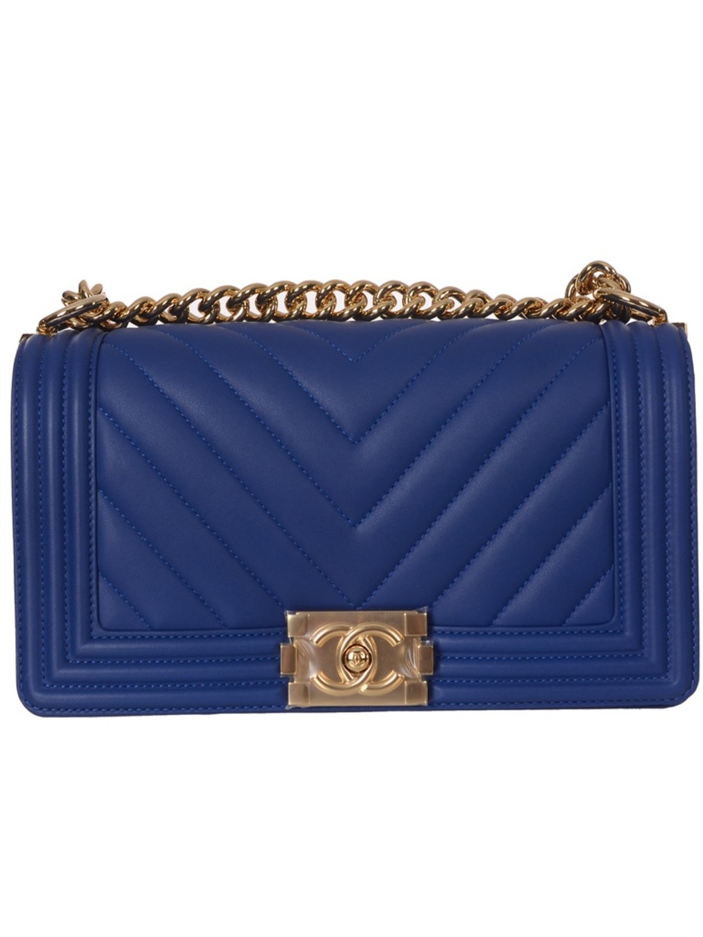 ❤️CHANEL Medium Quilted Boy Chevron Blue with Gold Hardware Leather Bag❤️